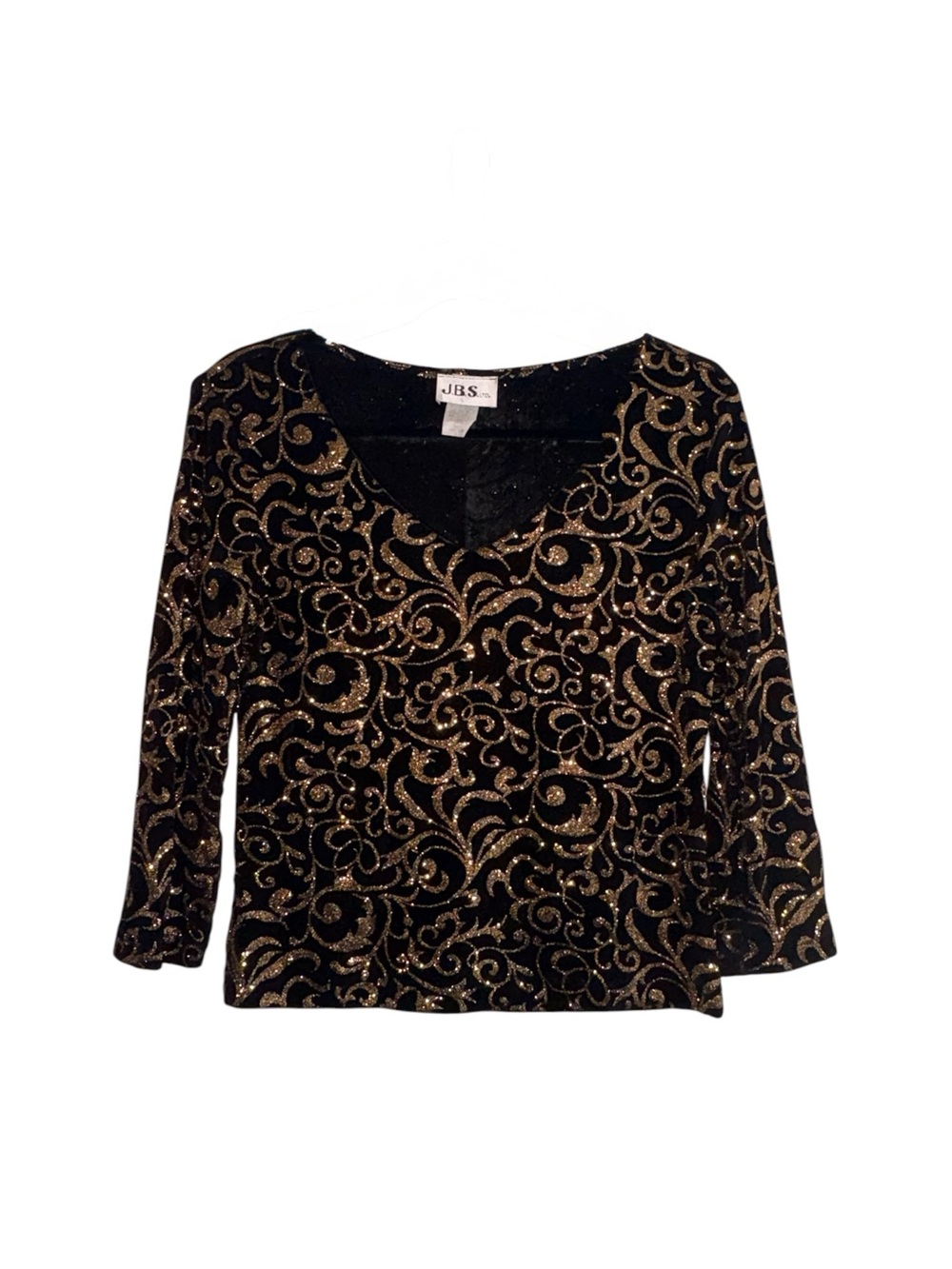 😍 Vintage JBS Ltd Black & Gold Metallic Glitter Scroll Floral V-Neck Blouse